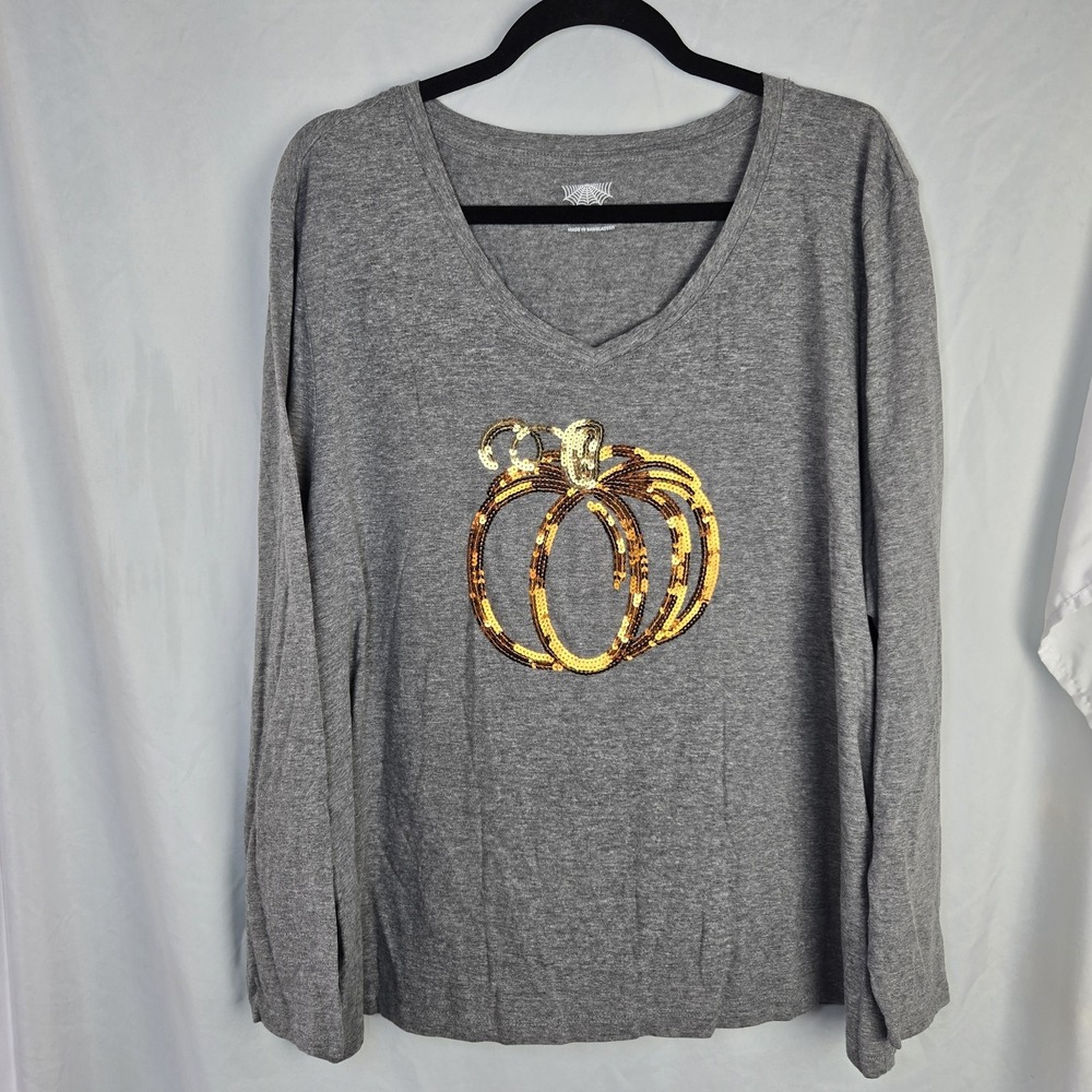 Falls Creek Sequin Pumpkin Shirt 3X Gray Fall Glam Halloween Autumn Novelty